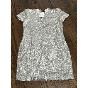 Generation Love Donna Sequin Mini Straight Dress Puff Sleeves Argento S NEW
